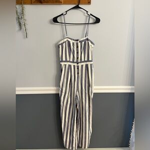 American Eagle Striped Linen Blend Jumpsuit Blue White Wide Leg Small